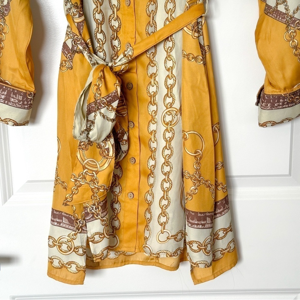 BCBGMaxAzria Crazy Chains Mustard Yellow Shirt Dress Long Sleeve Size L - Picture 4 of 9
